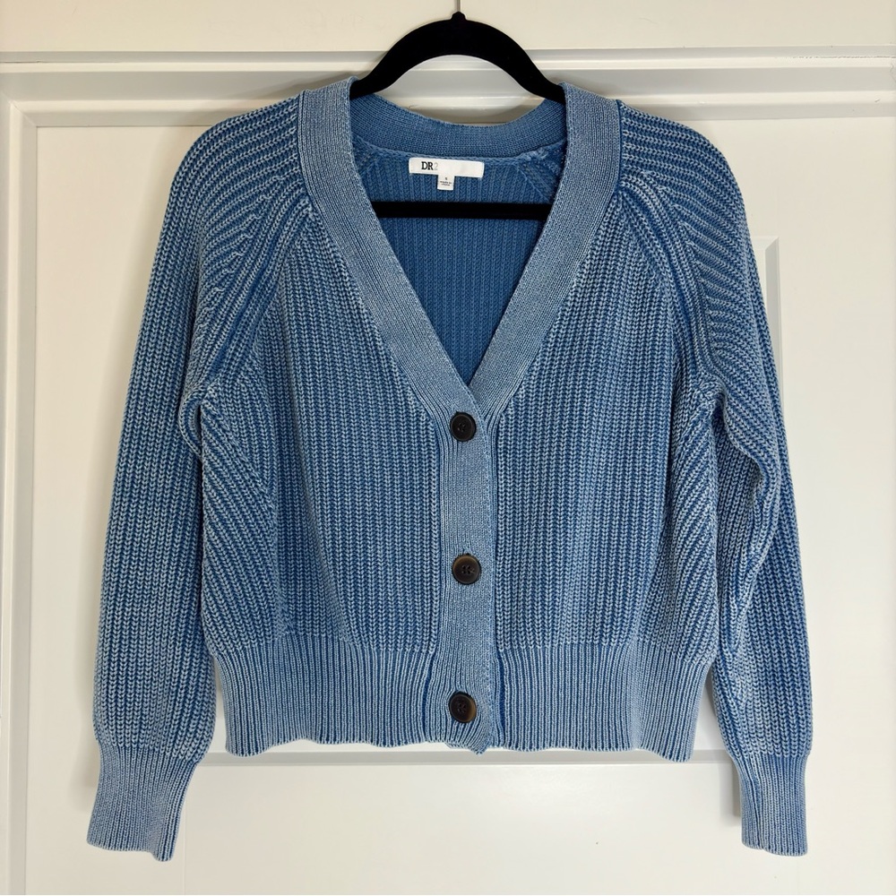 DR2 Daniel Rainn Washed Blue Cotton Cardigan Small Coastal Boho Ribbed Sweater